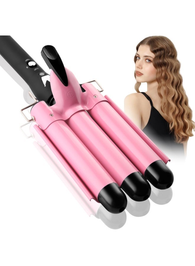 اوٹل مكواة تجعيد الشعر بثلاثة براميل، أداة تمويج الشعر بعرض 1 بوصة، جهاز تمويج للشعر لتصفيف الأمواج الشاطئية للنساء مع إعدادين للحرارة، باللون الوردي - Image 1